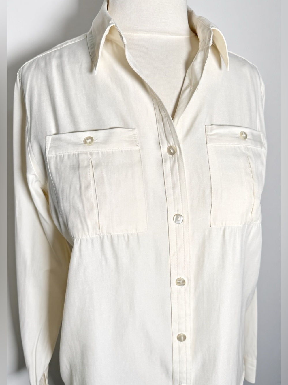Investments Cream Silky Button Down Blouse S Rayon Blend Classy Top Long Sleeves